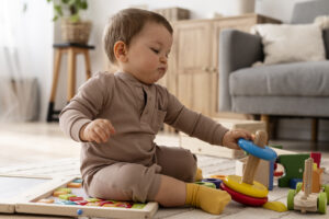 criança sentada no chão com roupa cinza brincando com brinquedos de madeira